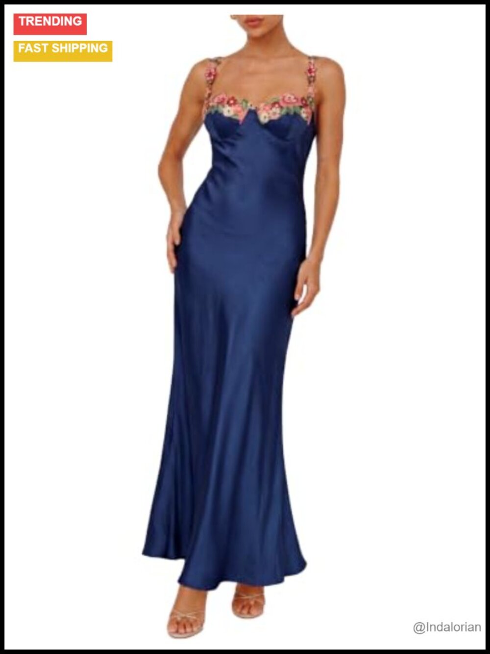 Realtix Satin Spaghetti Strap Floral Maxi Dress for Women Wedding Guest